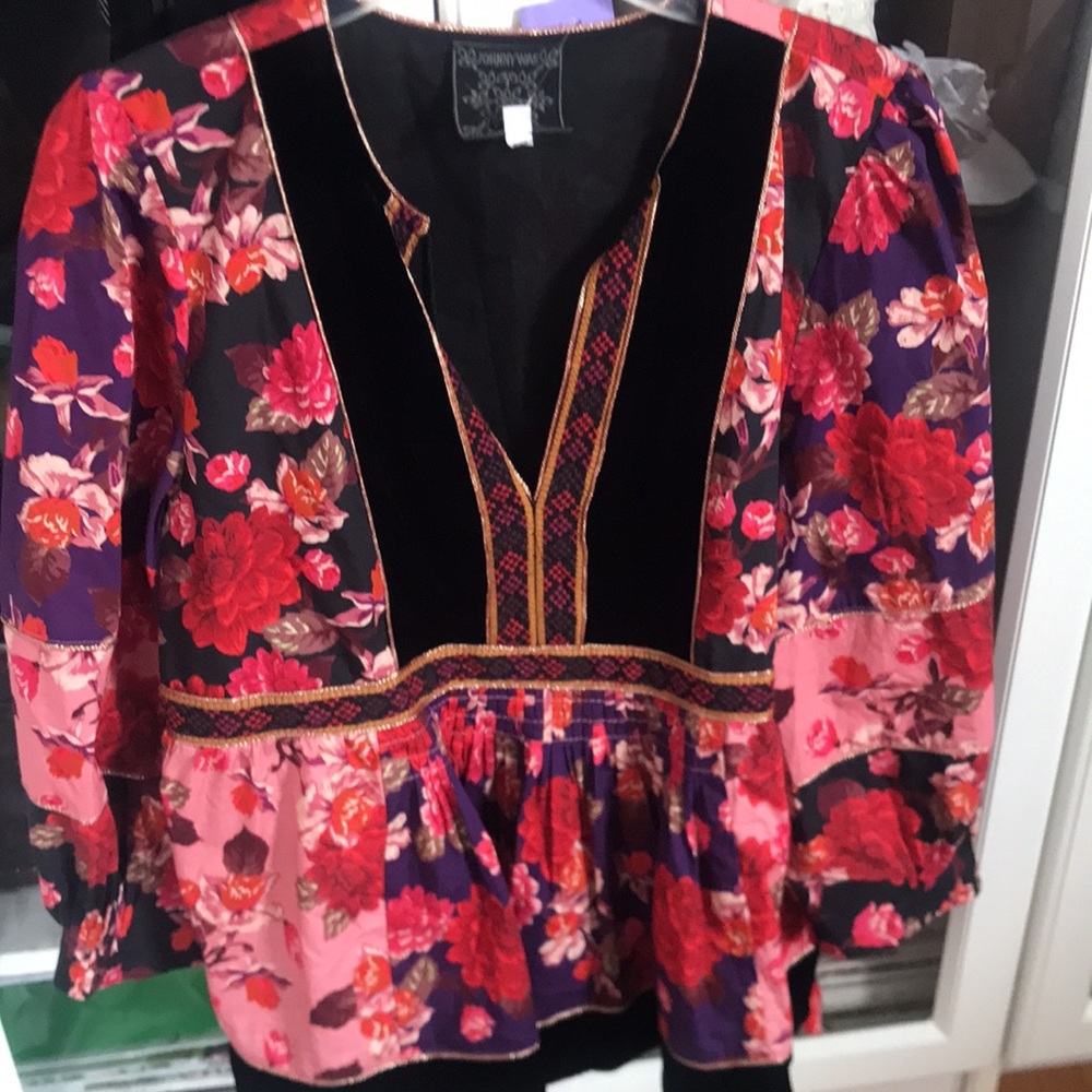 Johnny Was XL bohemian top velvet panels floral